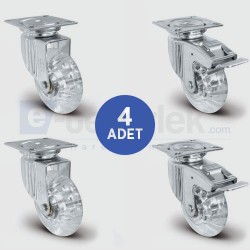 2 Adet EU01DBP75 Döner Tablalı + 2 Adet EU01DBP75FDöner Tablalı Frenli Polikarbonat Üzeri PVC Kaplı Şeffaf Tekerlek Çap:75 Bilya Rulmanlı Tekerlek Seti 2XEU01DBP75+2XEU01DBP75F - EMES