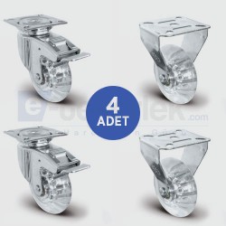 2 Adet EU01DBP75F Döner Tablalı Frenli + 2 Adet EU02DBP75 Sabit Tablalı Polikarbonat Üzeri PVC Kaplı Şeffaf Tekerlek Çap:75 Bilya Rulmanlı Tekerlek Seti 2XEU01DBP75F+2XEU02DBP75 - EMES