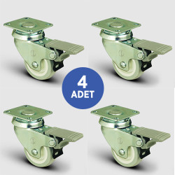 4 Adet EP01ZKC50F, Oynak Tablalı Frenli Mobilya Tekerleği, PVC Kaplı, Sehpa Tekeri, Çap:50, 4lü Set, Çift Dizi Bilyalı Geniş Tip - EMES