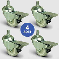4 Adet EP05ZKC50F, Oynak Civatalı Frenli Mobilya Tekerleği, PVC Kaplı, Sehpa Tekeri, Çap:50, 4lü Set, Çift Dizi Bilyalı Geniş Tip - EMES